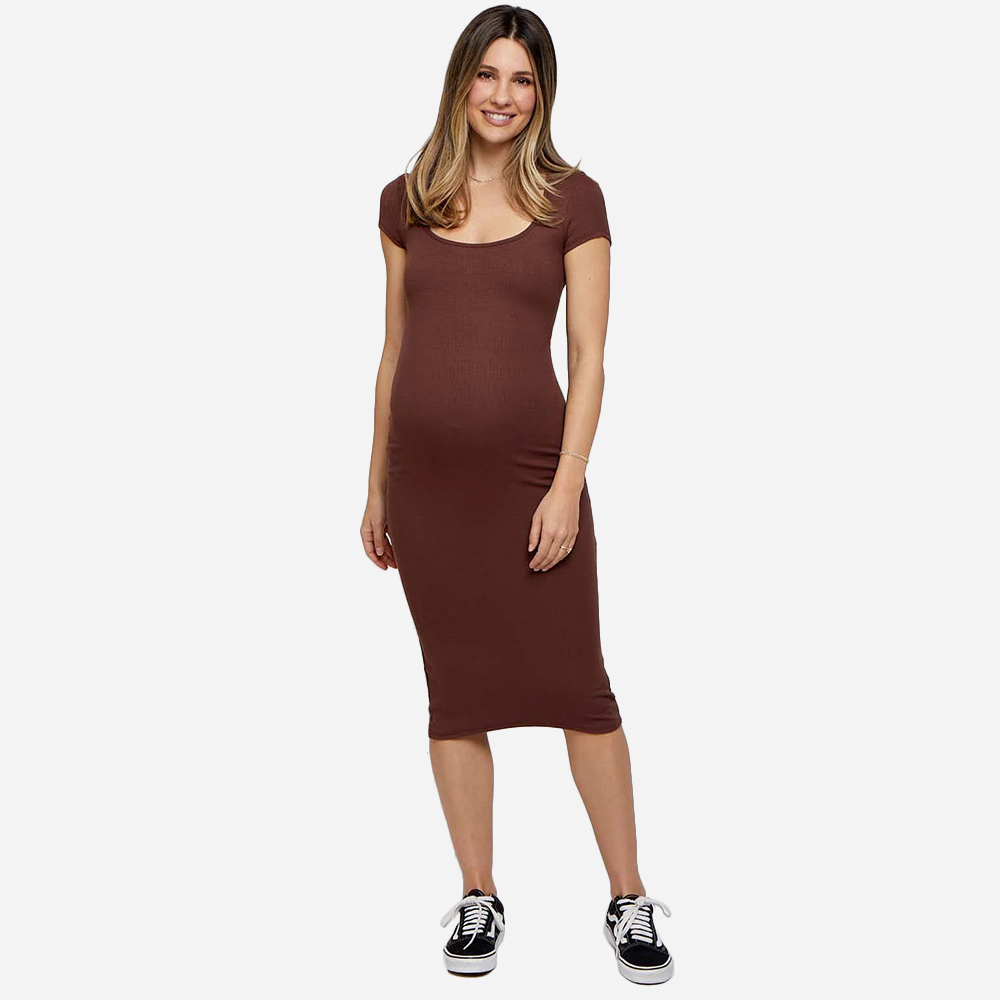Scoop Neckline Short Sleeves Wholesale Rib Knit Midi Maternity Clothing