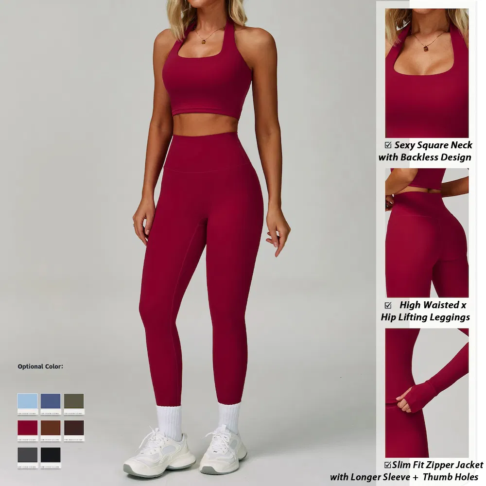 New Premium 2/3PCS Fashion Workout Clothes Ropa De Yoga Fitness Apparel for Women, Halter Neck Sports Bra + Long Sleeve Zipper Jacket + Gym Leggings Tracksuit