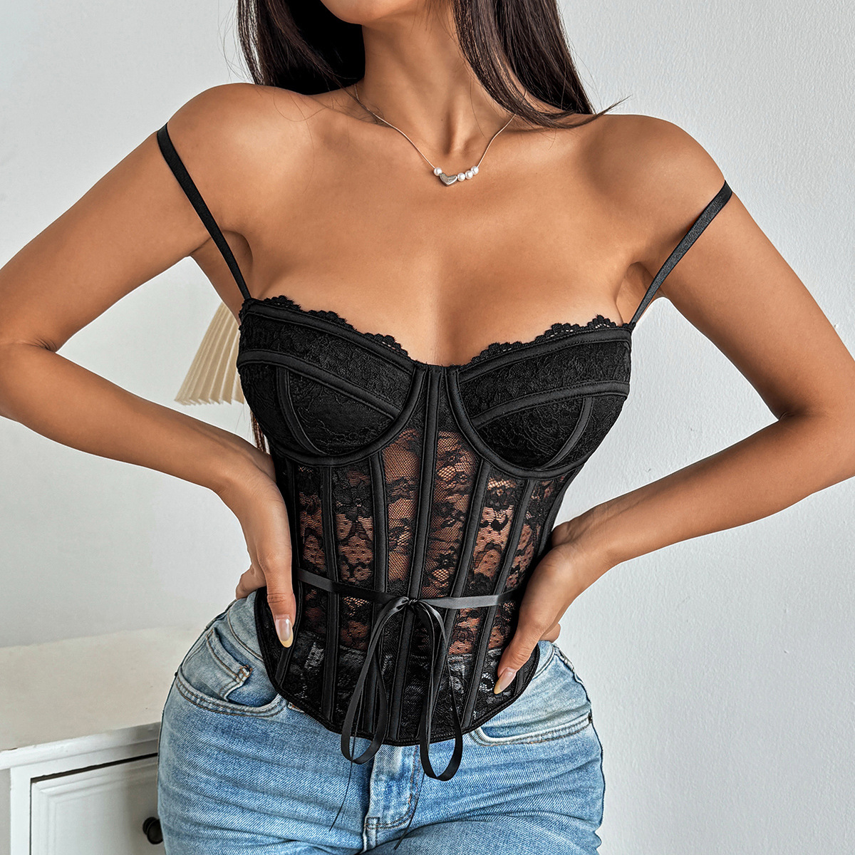 Lace Material Detail Shot Elegant White Floral Lace Mesh Corset Top