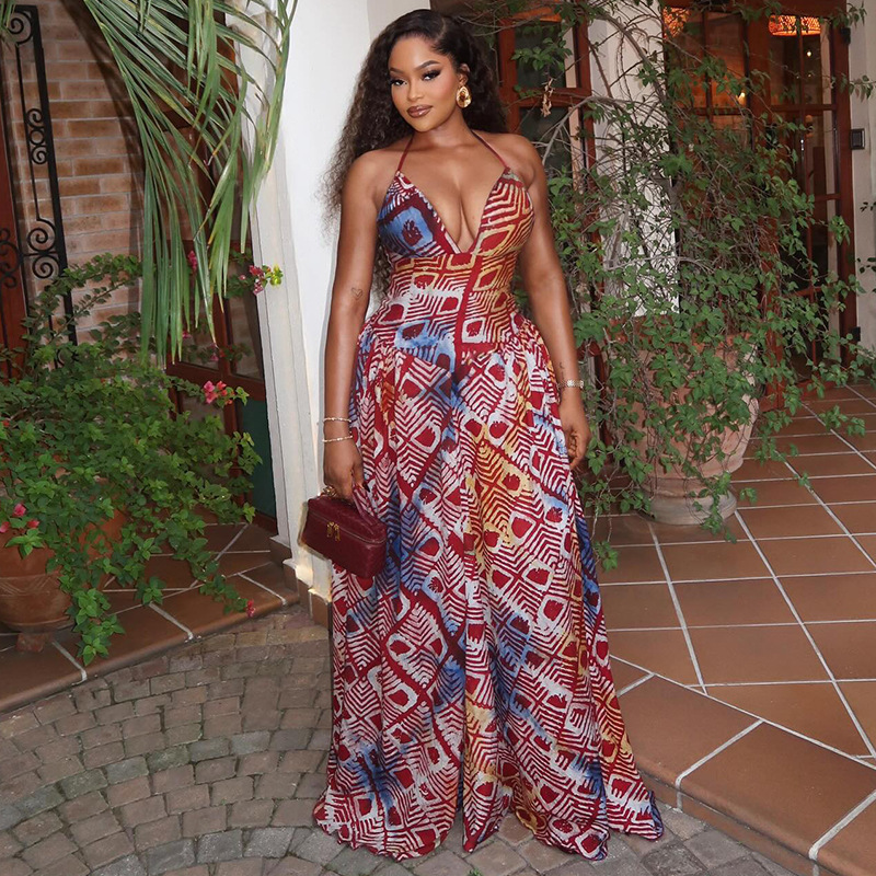 Resort Vacation Maxi Dress Halter Deep V Neck Geometric Printed Sleeveless Apparel