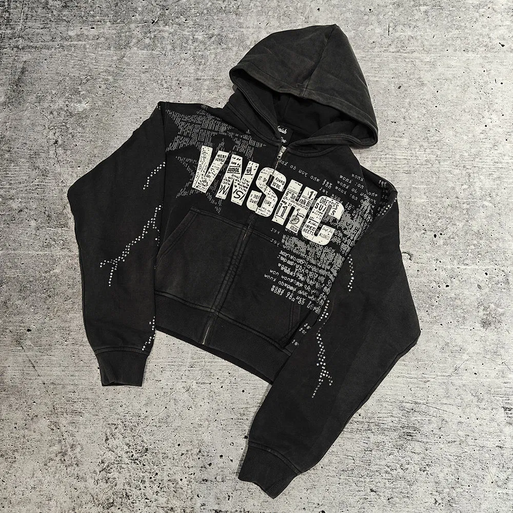 Custom Streetwear Hoodie Manufacturers Black Rhinestone Embroidery Zip up Vintage Acid Wash Heayweight Hoodies Unisex Clothing Apparel