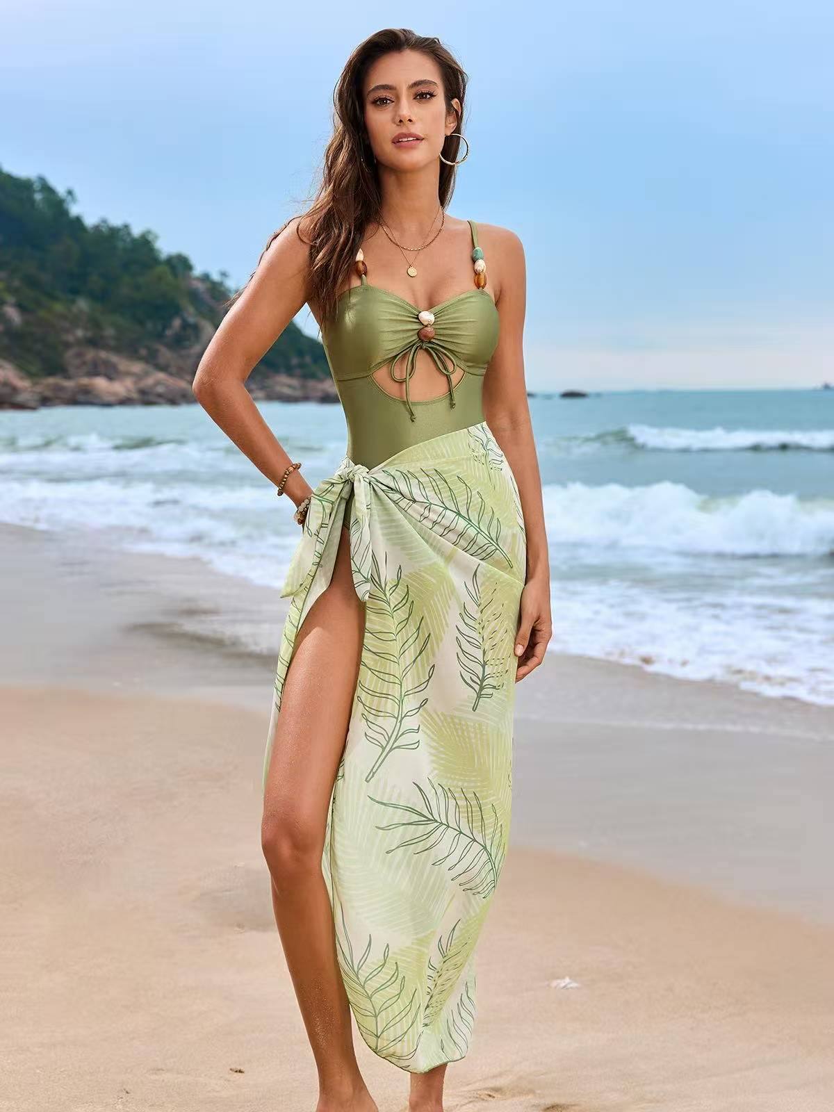 2026 Hot Selling Women's Customizable Beachwear Set by Apparel Factory - One-Piece Cut-Out Bandeau Swimsuit Cover-Up Skirt