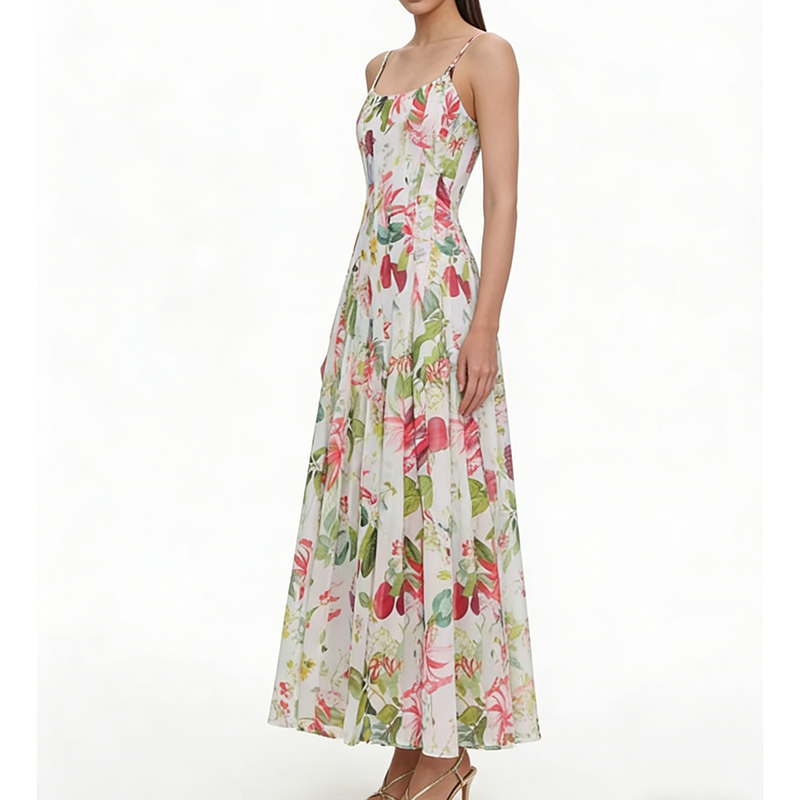 Manufacture Custom Women Resort Wear Slip Long Dress Elegant Slim Fit Empire Waist Summer Floral Print Maxi Boho Beach Dresses