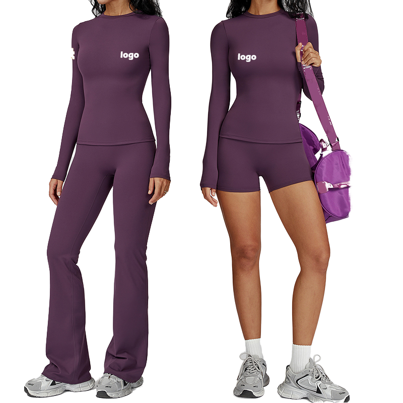 Personalized Customization Solid Front Woman Outfit Activewear Long Sleeve T Shirts High Waist Tummy Control Flare Pants Gym