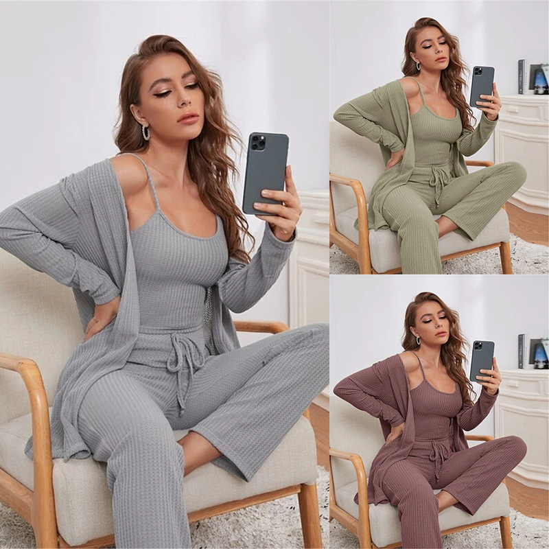Women's Fashion Sexy 3-Piece Lounge Wear Knit Top Pants and Robe Summer Loungewear Sleepwear Set