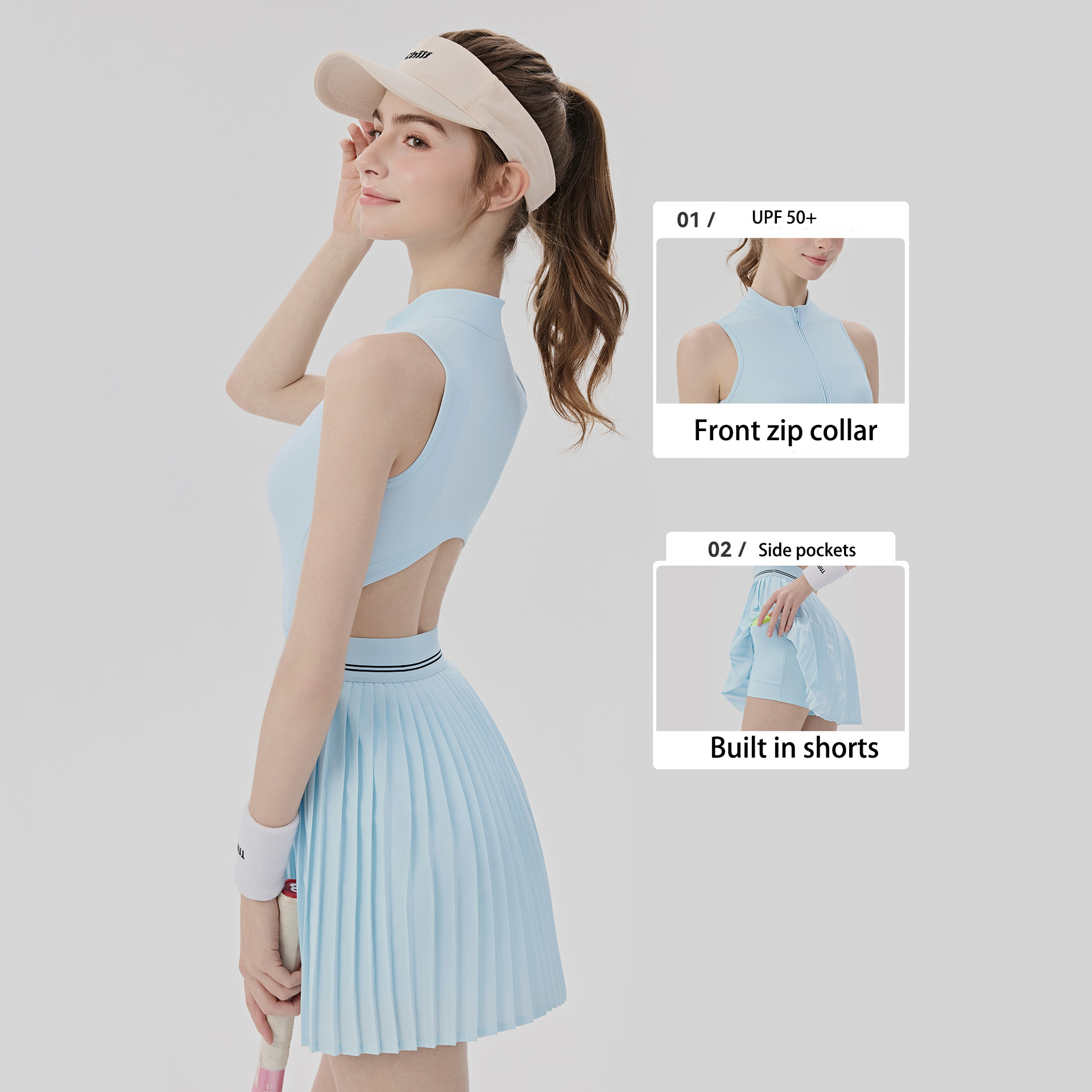 Wholesale Back Hollow Out Women Tennis Wear Half Zipper Dresses Breathable Striped Waist Pickleball Paddle Tennis Dress Luxury