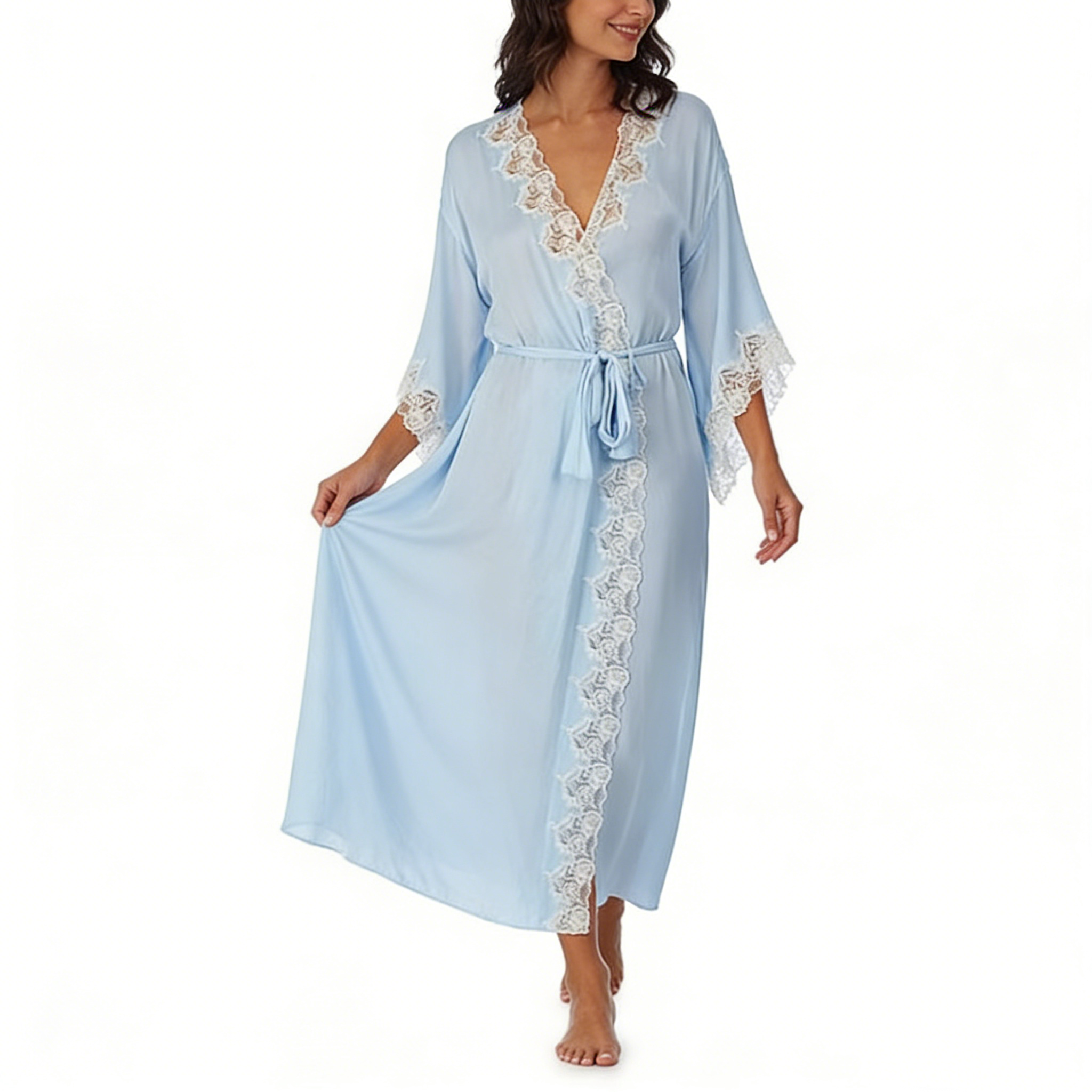 Beefey New Arrival Fashionable Smooth Breathable Women's Wrap Pajamas Front Lace Design Glamorous Elegant Full Length Night
