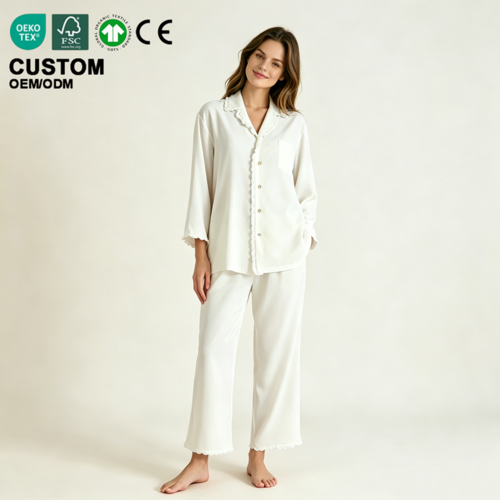 Premium Silk-Like Bamboo Fiber Pajamas Set Soft Loungewear Women Custom Print Long Sleeve Sleepwear Eco-Friendly Breathable PJs