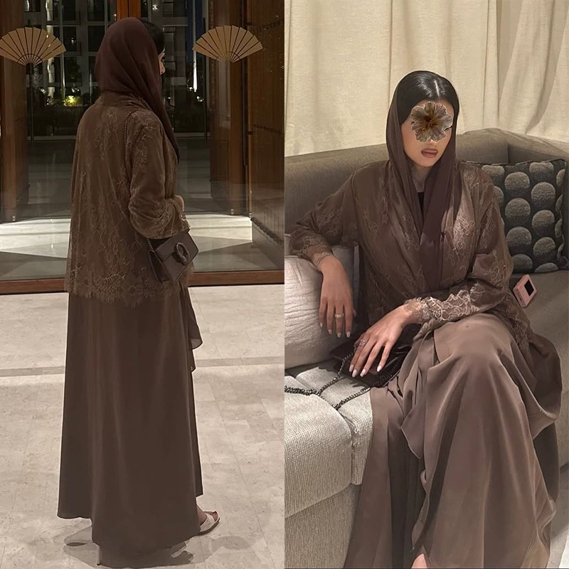 2026 Summer Factory-Direct Modest Womens Abaya Breathable Lightweight Elegant Long Dress Coat Nida Material Lace Patchwork
