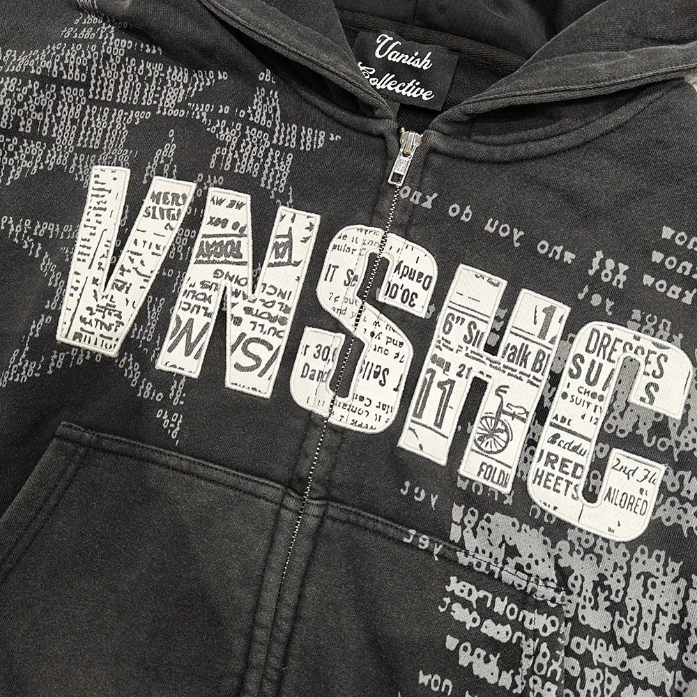 Custom Streetwear Hoodie Manufacturers Black Rhinestone Embroidery Zip up Vintage Acid Wash Heayweight Hoodies Unisex Clothing Apparel