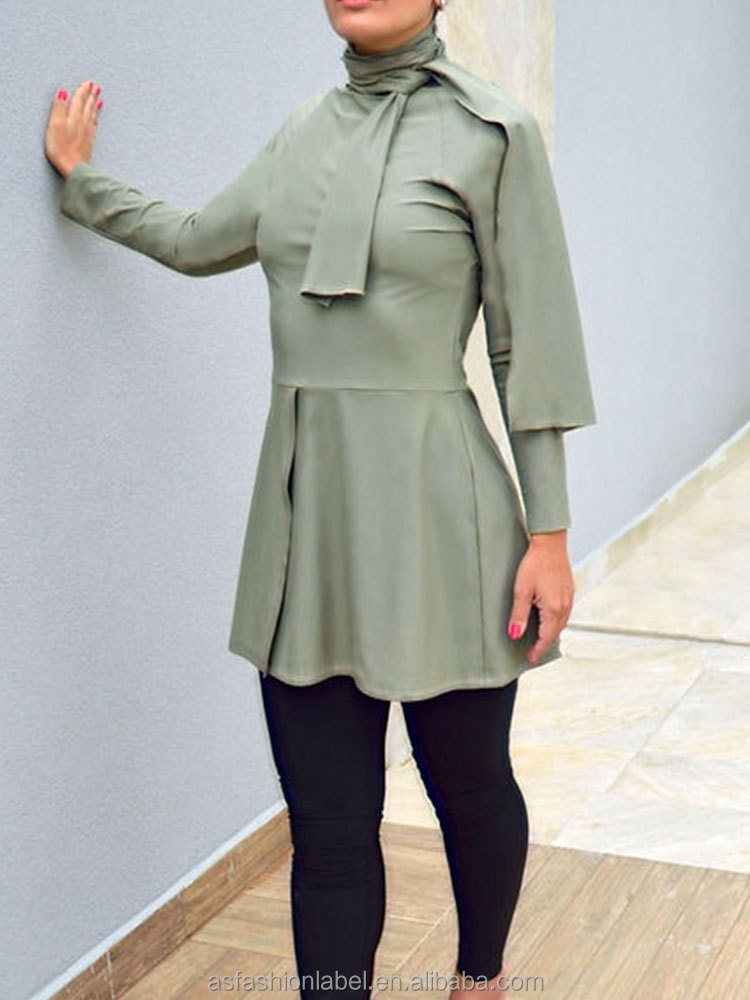 Custom OEM Solid Sage Green Burkini Pour Femme Musulman 3 Piece Women Mock Neck Long Sleeve Peplum Top Quick Dry Modest Swimwear