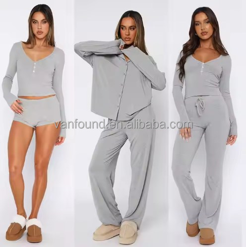Vanfound 10006 Women's Custom Soft Lounge Pajamas Set Solid Pattern Spring/Summer/Autumn Casual Sleepwear Two-Piece Clothing