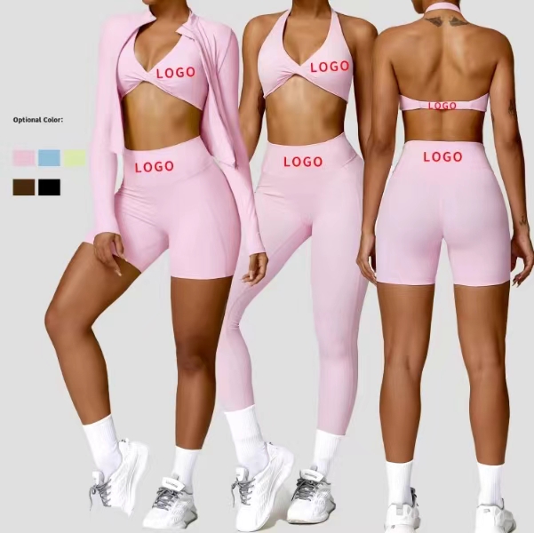 Sports Bra Top Pink Yoga Jacket Gym Wear Workout Sets Yoga Set With Jacket Women Spandex Thumb Hole Jacket Workout Fitness Set
