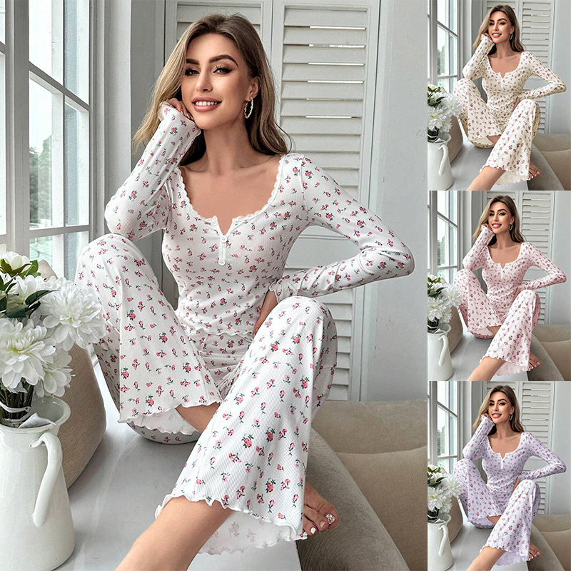 Hot Sale European American Style Autumn Winter Homewear Floral Long-sleeved Breathable Women Pajamas Full Length Sleepwear