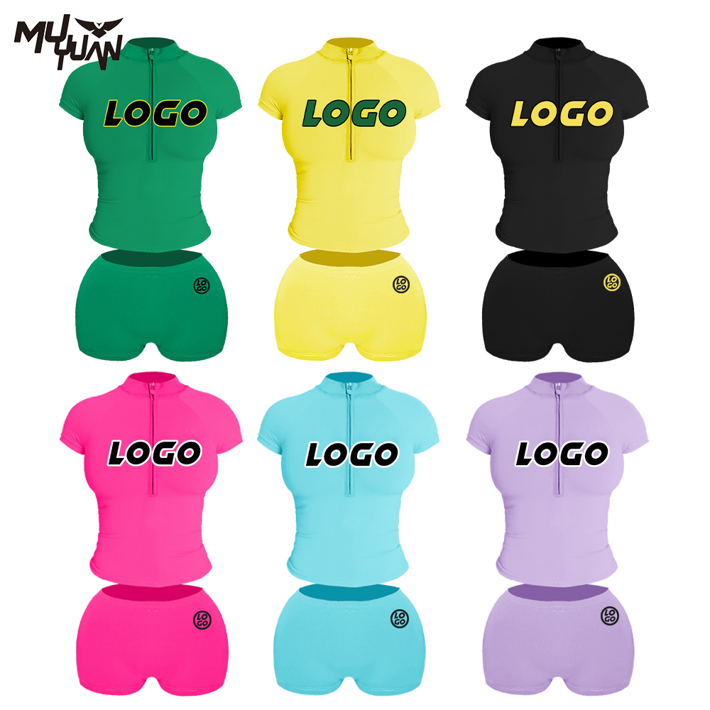 Designer Fashion Women's Summer Cotton 1/4 Zipper T-Shirt Custom Logo Printed Sexy Solid Pattern Above Knee Loungewear Shorts