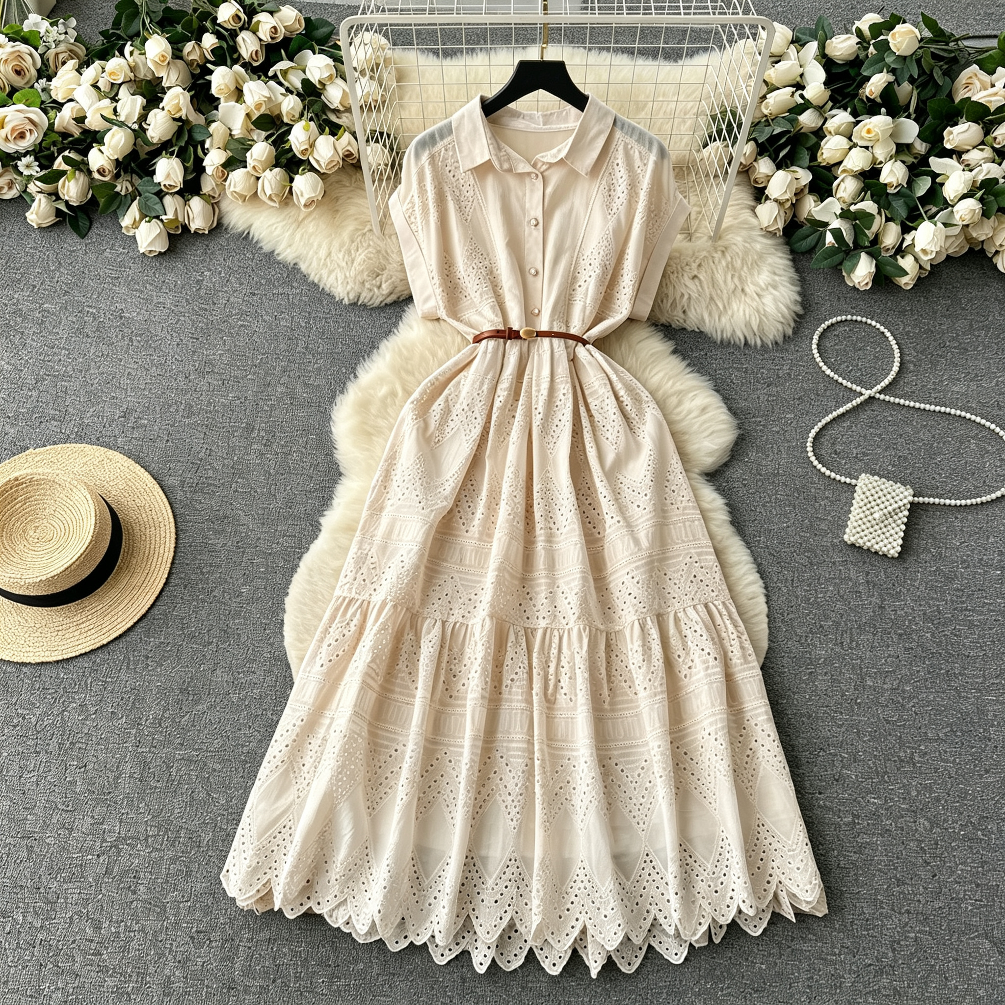 Women's Elegant Eyelet Lace Shirt Dress Embroidery Midi Dress Short Sleeve Ruffle A-Line Boho Vacation Apparel