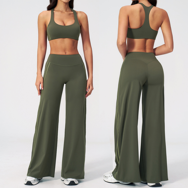 Women's New Medium Waist Solid Loose Pants Racer Back Sports Bra Outdoor Fitness Workout Set With Two Bars on Both Sides
