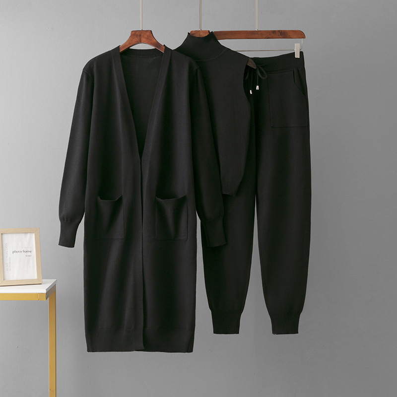 3 Piece Knit Set Muslim Women's Spring Abaya Long Cardigan Knitted Vest Loose Pants with Pocket Fashion Ladies Sweater Suits