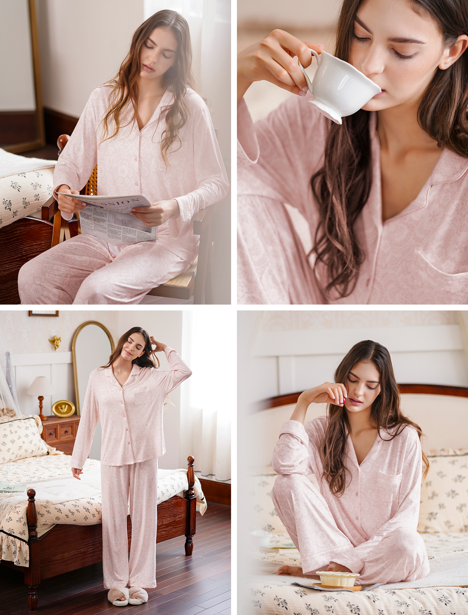Women's Pink Floral Print Pajama Set Long Sleeve Soft Casual Loungewear Sleepwear