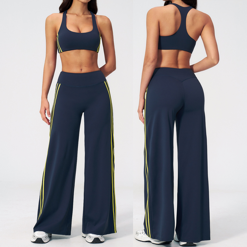 Women's New Medium Waist Solid Loose Pants Racer Back Sports Bra Outdoor Fitness Workout Set With Two Bars on Both Sides