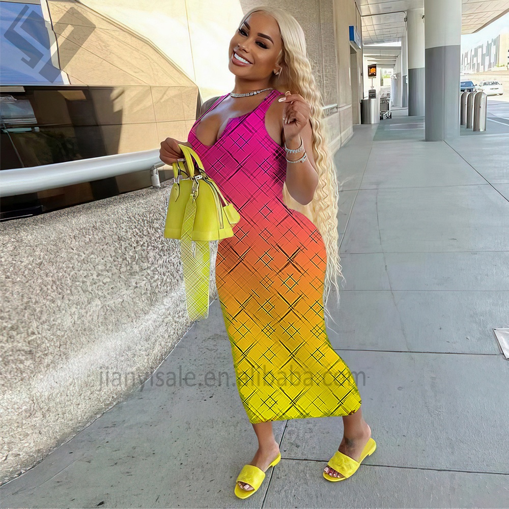 2023 Trendy Summer Women Designer Clothing Letter Print Sexy Bodycon Long Dress Ladies Luxury Casual Sleeveless Maxi Dress