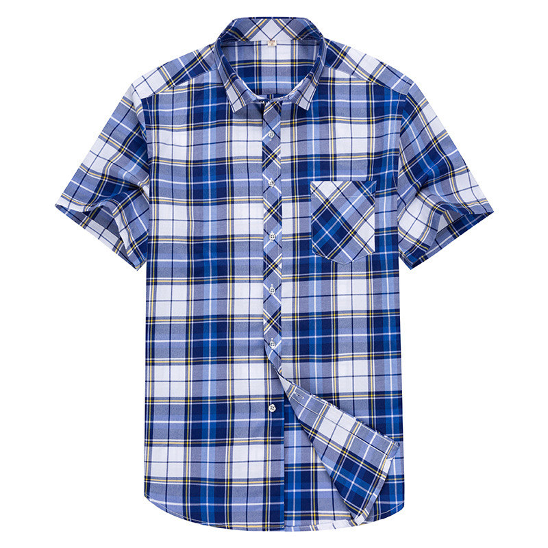 Custom Blue Checked Short Sleeve Men's Clothing Cotton Apparel for Man