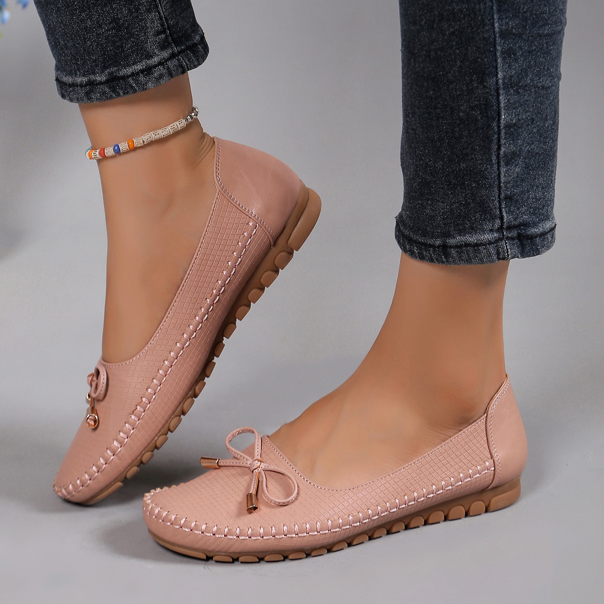 Comfortable Pink Women's Loafers, Lizard Pattern Slip-On Flats With Bow, Hand Stitched Flexible TPR Sole Casual Office Shoes