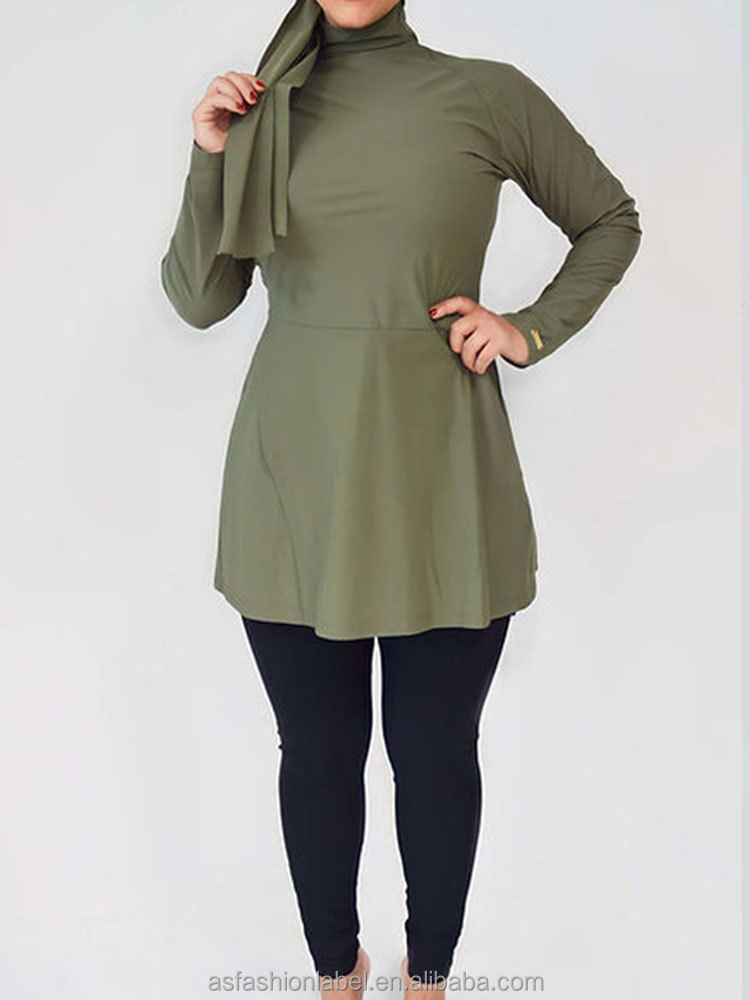Custom OEM Solid Sage Green Burkini Pour Femme Musulman 3 Piece Women Mock Neck Long Sleeve Peplum Top Quick Dry Modest Swimwear