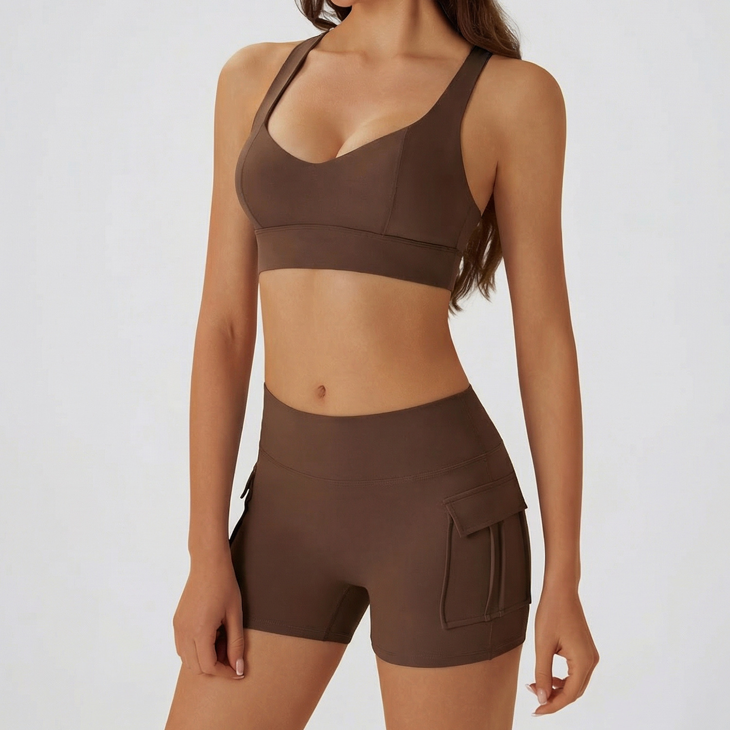 TZ061 Sportswear Set Women's Hollow-Out Back Sports Bra &amp; High Waist Cargo Shorts Yogowear High Support Spandex/Nylon Outdoor