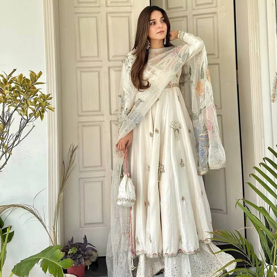 Stunning Embellished Chinon Gown Plazzo Dupatta Set Three Piece Winter Party Wear Elegant Ethnic Attire Women Sun Protection