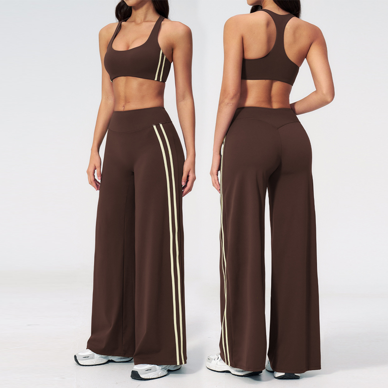 Women's New Medium Waist Solid Loose Pants Racer Back Sports Bra Outdoor Fitness Workout Set With Two Bars on Both Sides