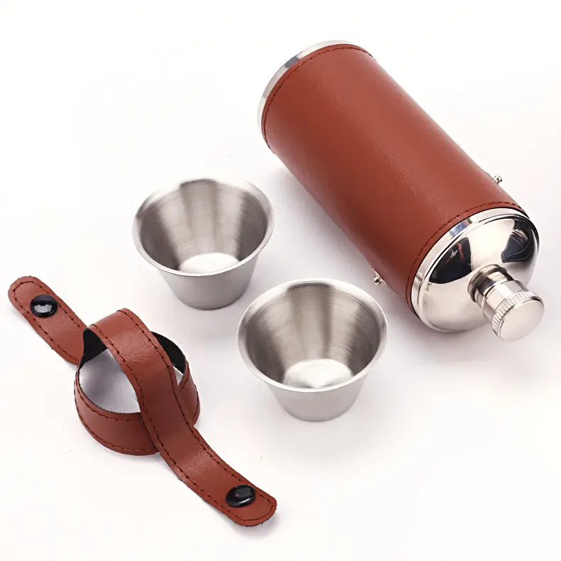 China Stainless Steel 8oz 12oz Hip Flask with PU Leather Cover and 2 Shot Glasses Supplier, Factory