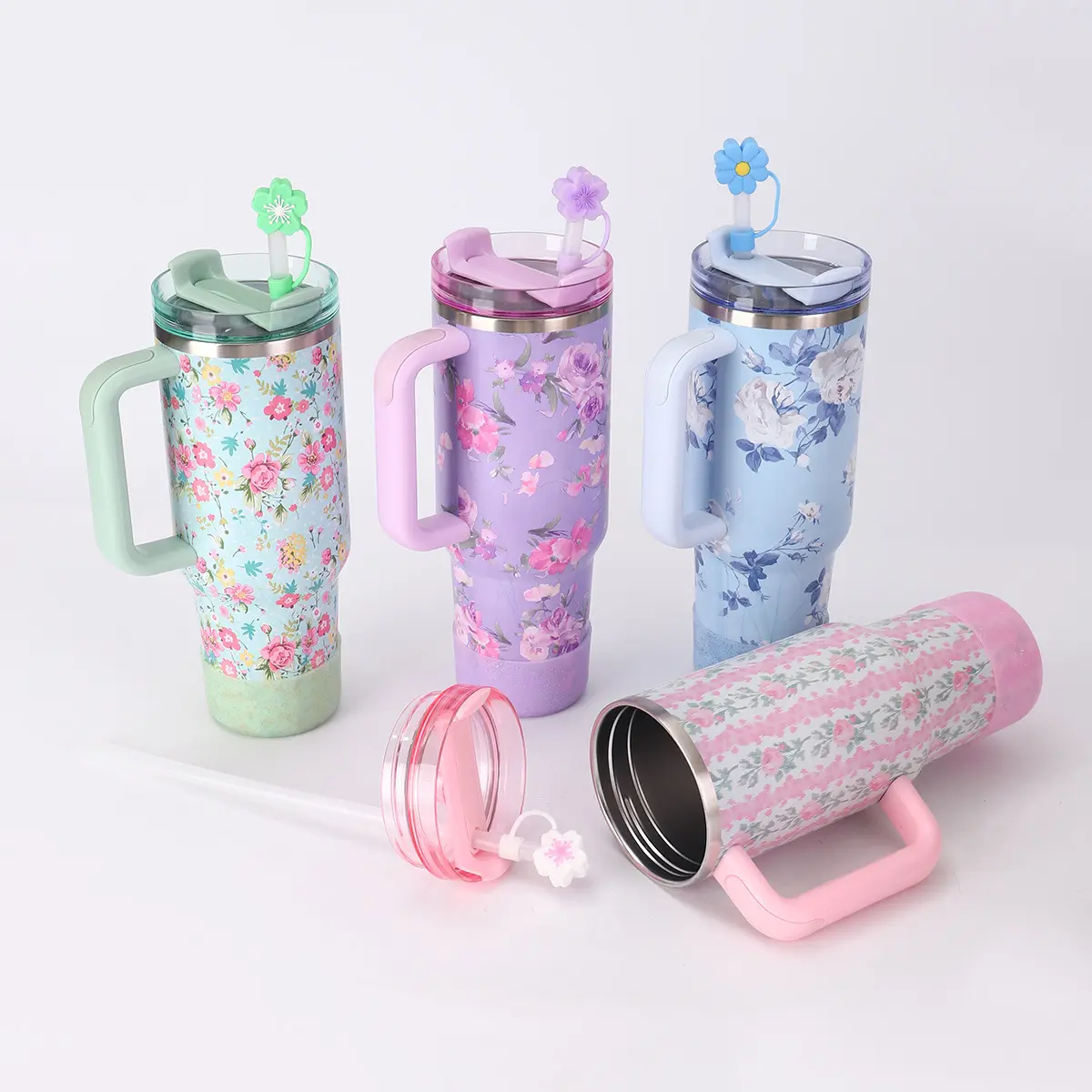 Wholesale Floral 40oz Stainless Steel Tumbler Vacuum Insulated Travel Mug with Dust Cap Anti-slip Silicone Bottom Supplier, Factories