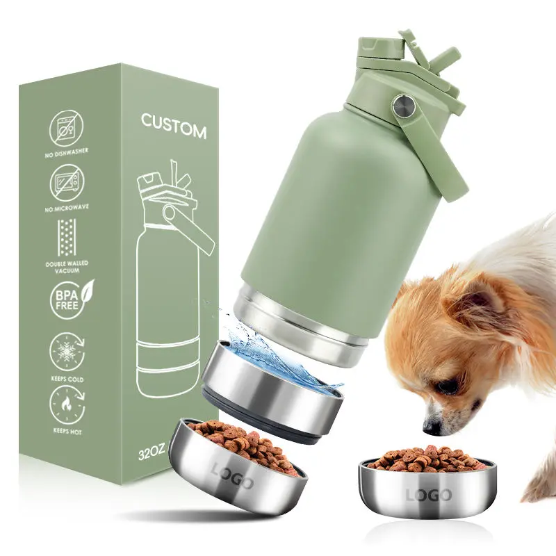 China 3 in 1 Style 32oz Portable Travel Pet Feeder Bowl Set Stainless Steel Outdoor Dog Water Bottle with 2 Bowls Supplier, Factories
