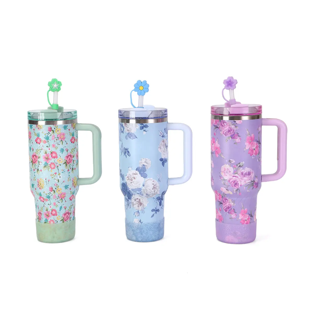 Wholesale Floral 40oz Stainless Steel Tumbler Vacuum Insulated Travel Mug with Dust Cap Anti-slip Silicone Bottom Supplier, Factories