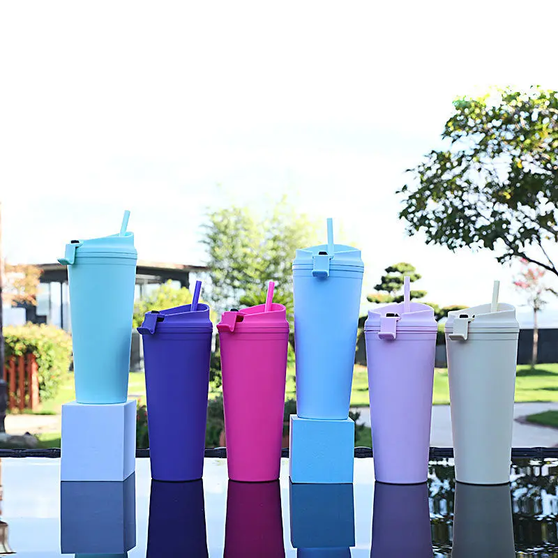 China High Quality Custom Logo 24oz Double Wall Frosted Plastic Travel Coffee Mugs With Straws Manufacturers, Factories