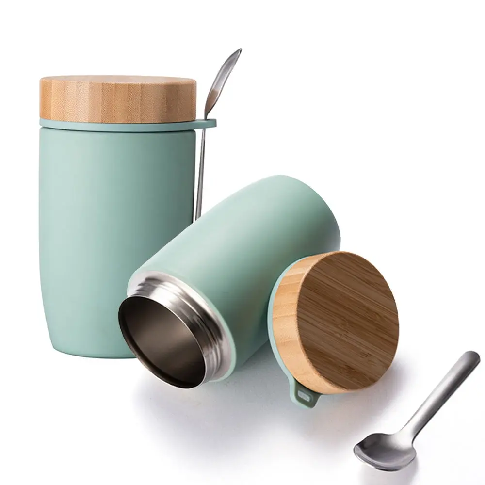 China Food Grade 500ml Double Wall Vacuum Insulated Thermos Food Jar with Bamboo Lid and Spoon Manufacturer, Factory