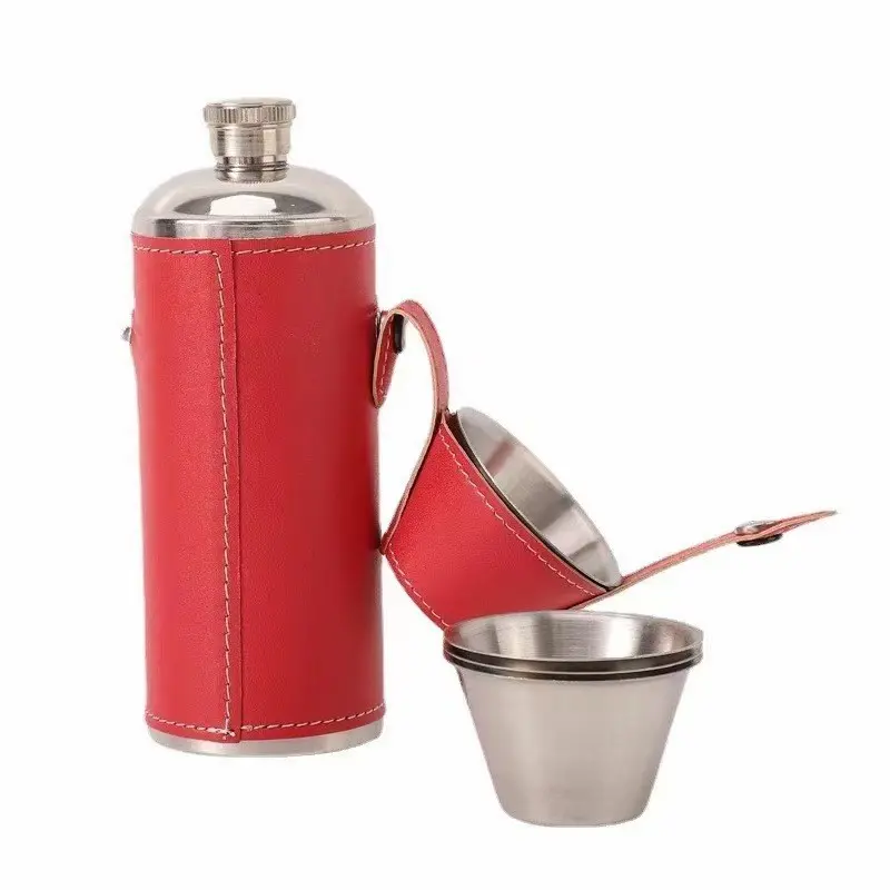 China Stainless Steel 8oz 12oz Hip Flask with PU Leather Cover and 2 Shot Glasses Supplier, Factory