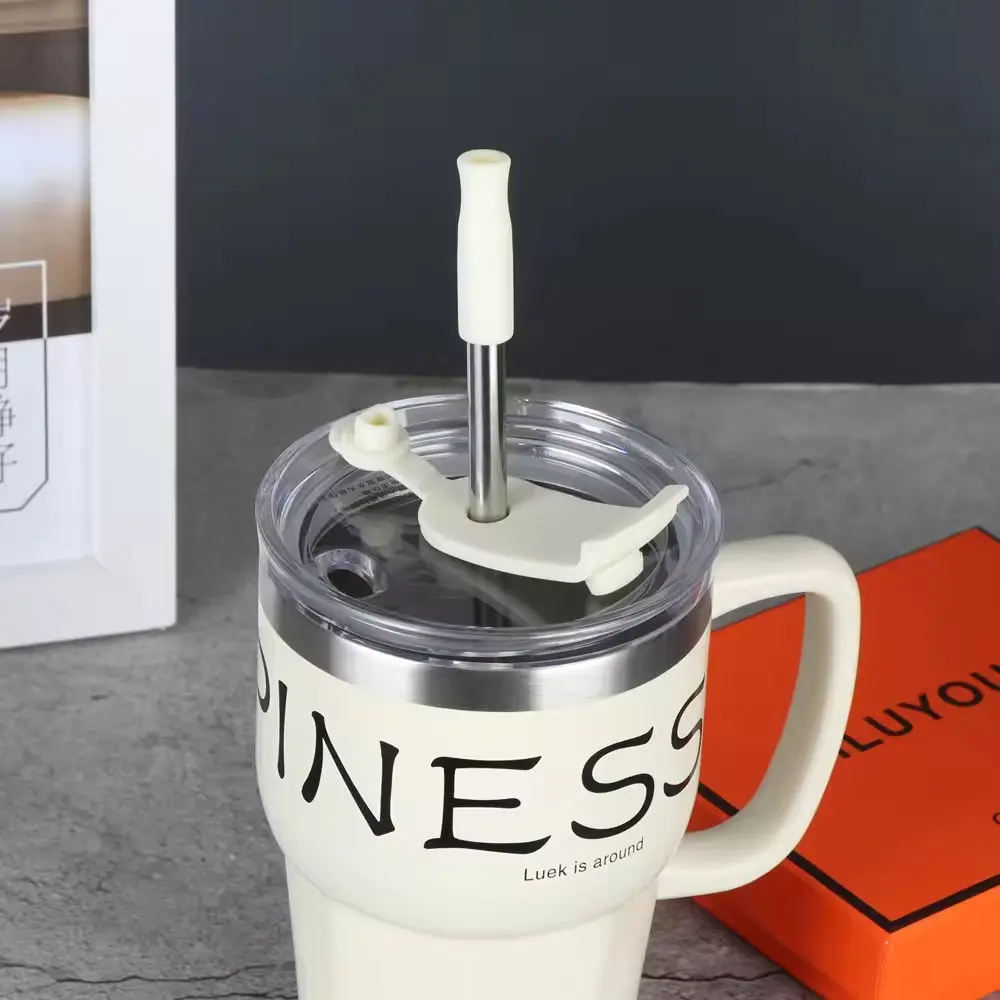 Wholesale New Arrival 600ml Stainless Steel Coffee Mug Vacuum Insulated Office Cup with Silicone Straw and Handle Manufacturers, Supplier