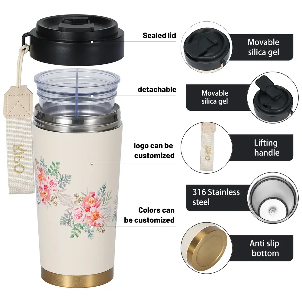 China Coloful 460ml/560ml Custom Logo 316 Stainless Steel Water Bottle with Removable Inner Liner Insulated Coffee Cup with Lifting Handle Manufacturers, Manufacturer