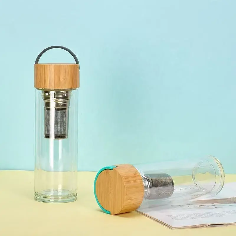 China Double Wall Tea Infuser Glass Water Bottle with Filter Leak proof Food Grade Lid Supplier, Factories