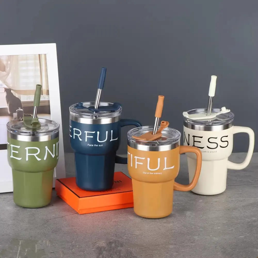 Wholesale New Arrival 600ml Stainless Steel Coffee Mug Vacuum Insulated Office Cup with Silicone Straw and Handle Manufacturers, Supplier