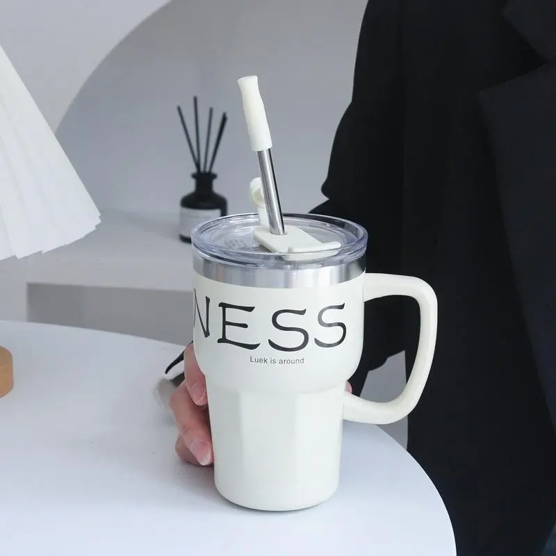 Wholesale New Arrival 600ml Stainless Steel Coffee Mug Vacuum Insulated Office Cup with Silicone Straw and Handle Manufacturers, Supplier
