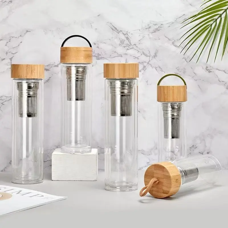 China Double Wall Tea Infuser Glass Water Bottle with Filter Leak proof Food Grade Lid Supplier, Factories