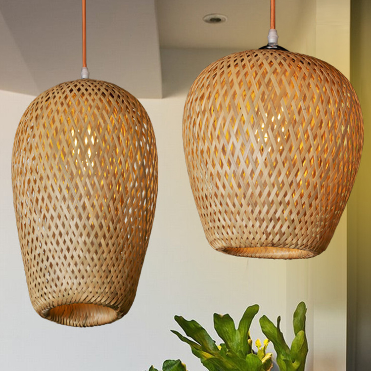 Modern Handmade Wicker Rattan Bamboo Wooden Shade Hanging Ceiling Lamp Retro Lighting for Home Woven Chandelier Pendant Light