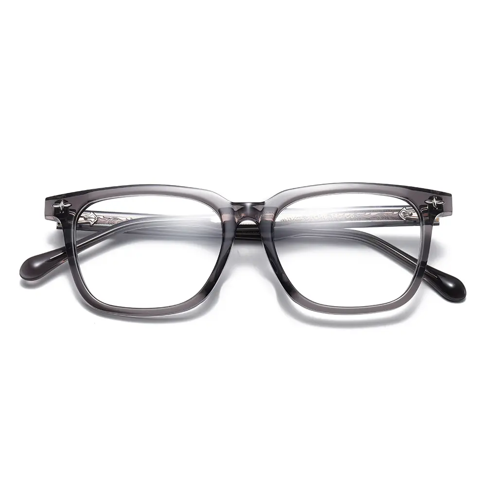 ODM Vintage Bold Square Metal Cross & Arrow Rivet Acetate Optical Frame Hand-Carved Temple Acetate Frame Wholesale Unisex Supplier, Factories