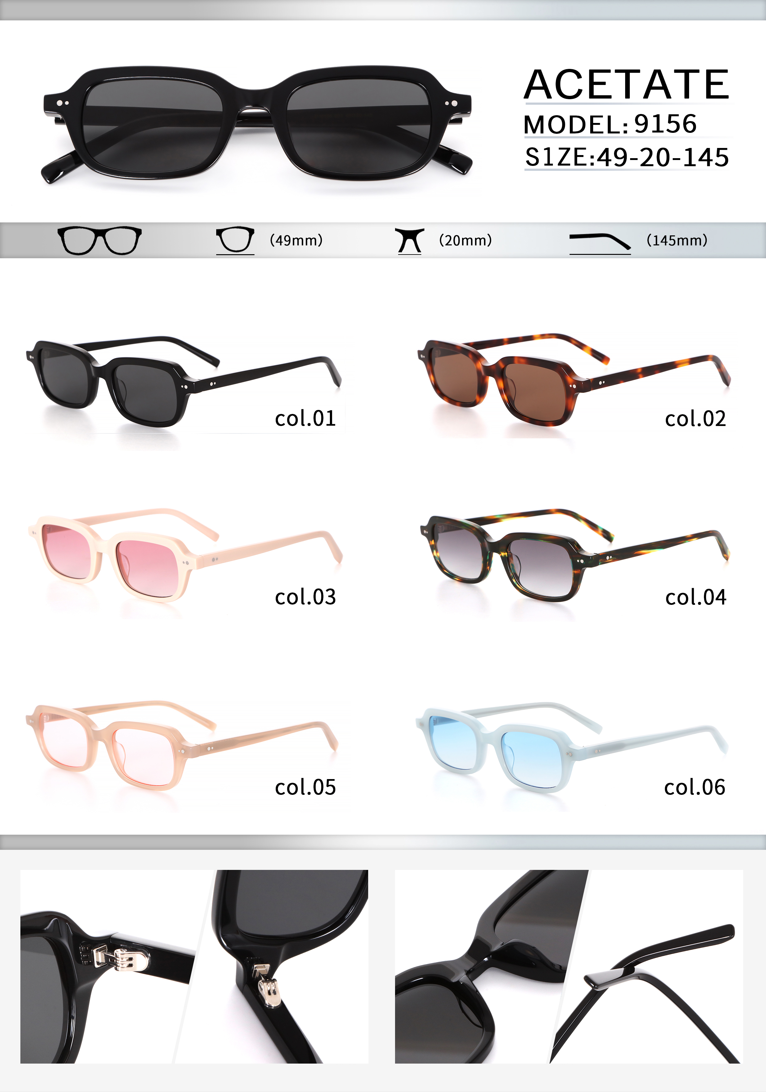 Acetate sunglasses retro square and round frame with five rivets and arrow shaped hinges
