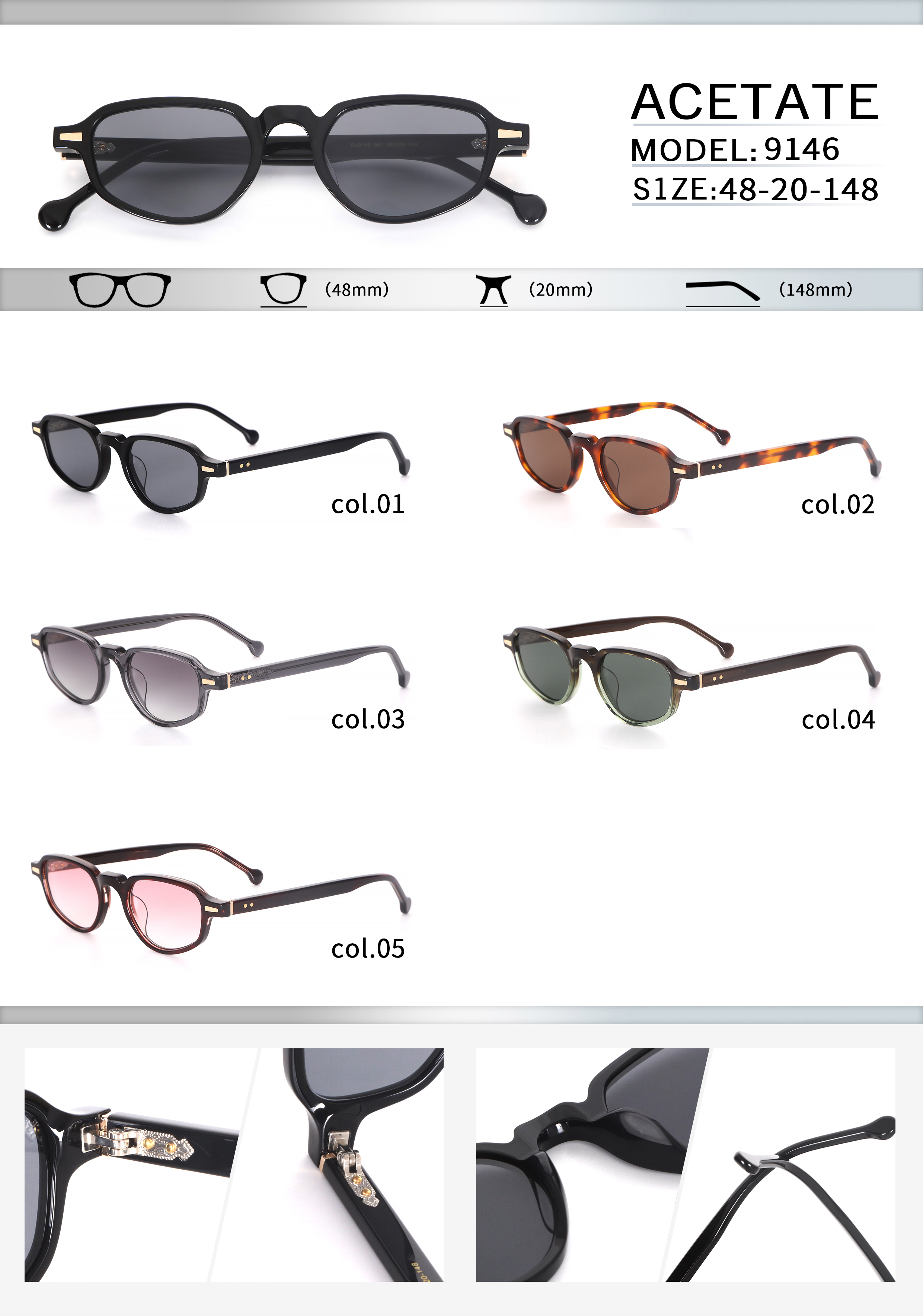 Acetate sunglasses retro round frame with gold gear hinge