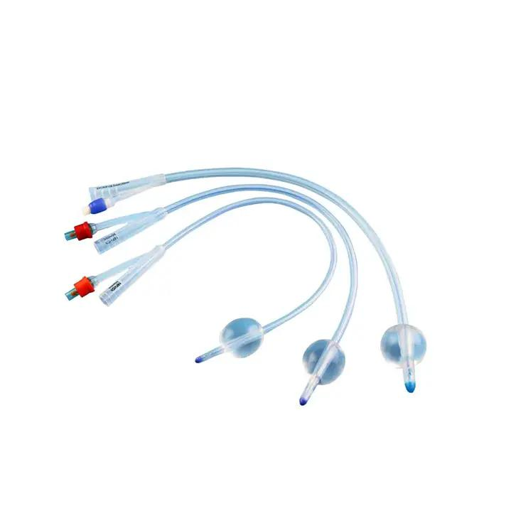 Catéter de Foley de látex recubierto de silicona desechable médico 2-3 formas con diferentes tamaños, doble vía, globo de pura silicona