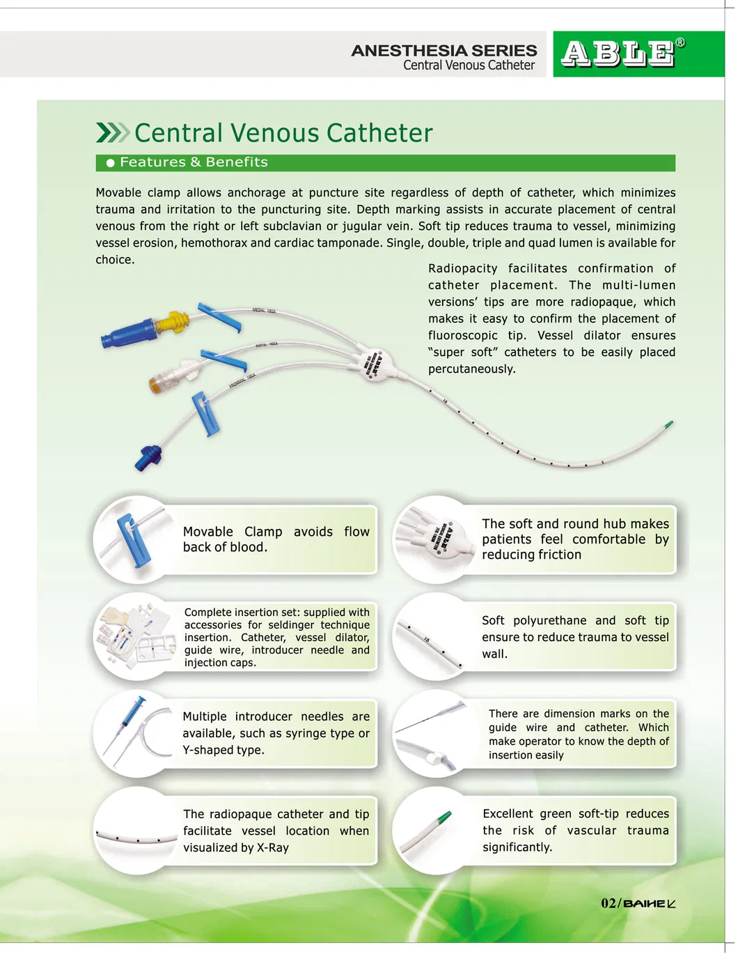 Catéter venoso central antimicrobiano de un solo, doble y triple lumen, registro CE FDA Rusia